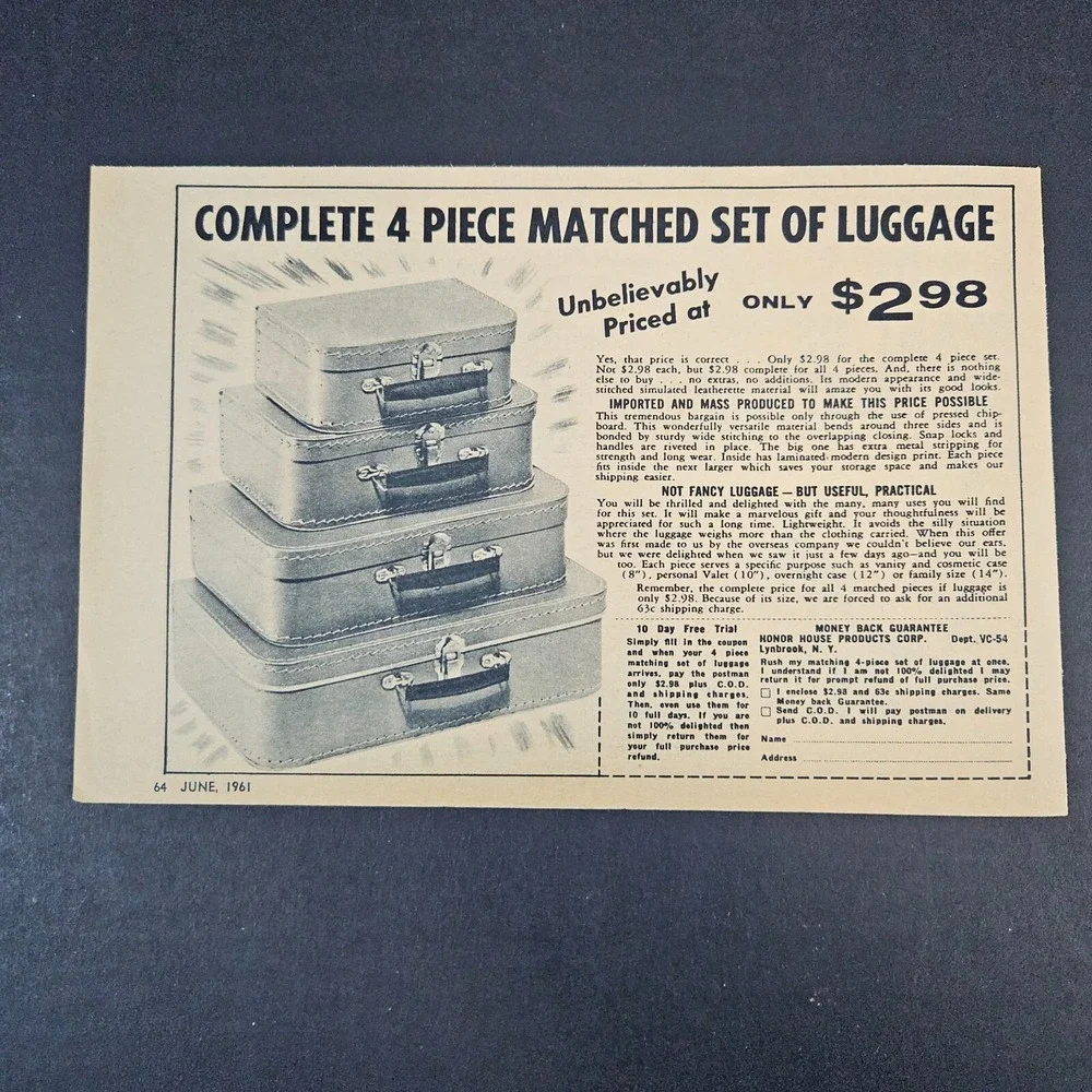 1961 Honor House Products 4-Pc Luggage‎ Set Vintage Print Ad Lynbrook, NY Travel
